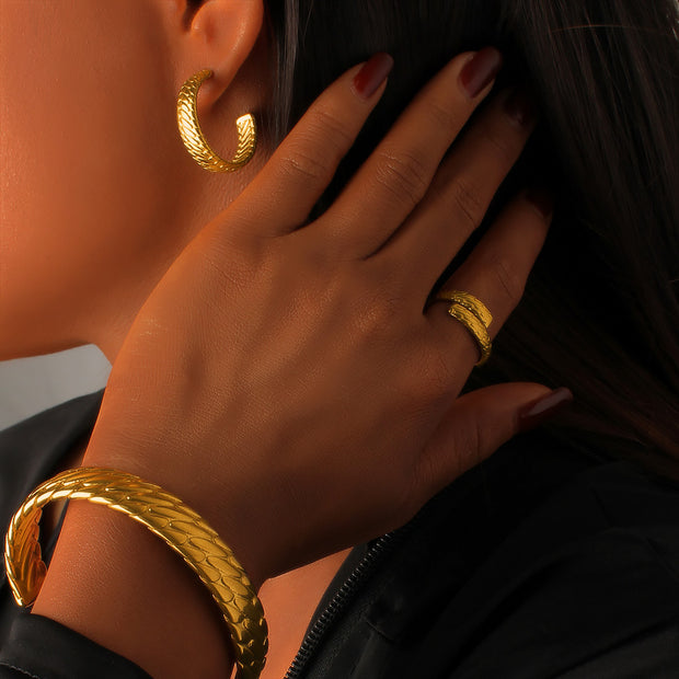 Titanium steel jewelry bracelet Earring Ring 3 in 1 Gold Plated Hoop Earrings Snake Scale Pattern, Lightweight Fashion Jewelry