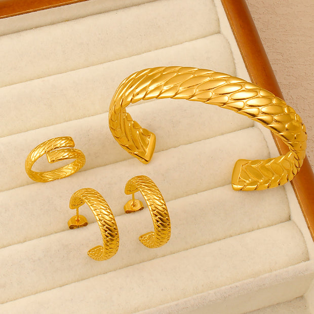Titanium steel jewelry bracelet Earring Ring 3 in 1 Gold Plated Hoop Earrings Snake Scale Pattern, Lightweight Fashion Jewelry